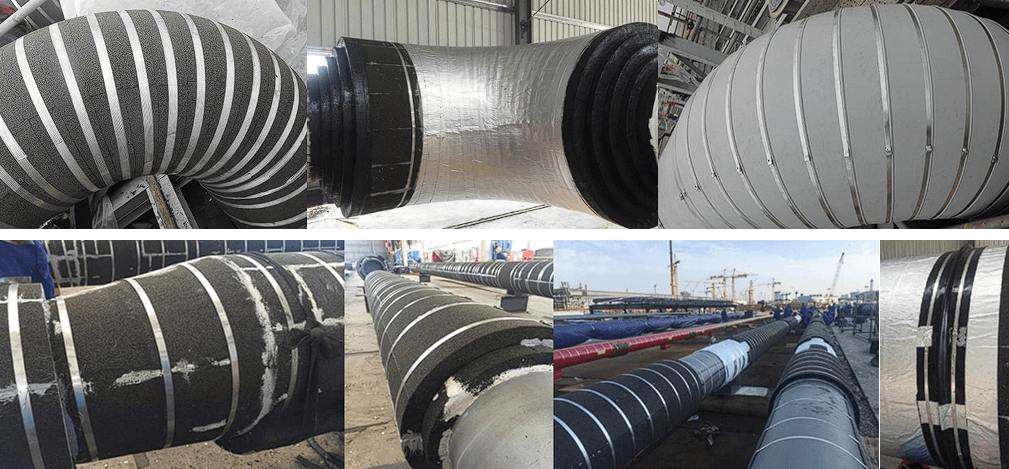 Cellular glass block insulation applied to process pipe — detail view of block jointing and cladding