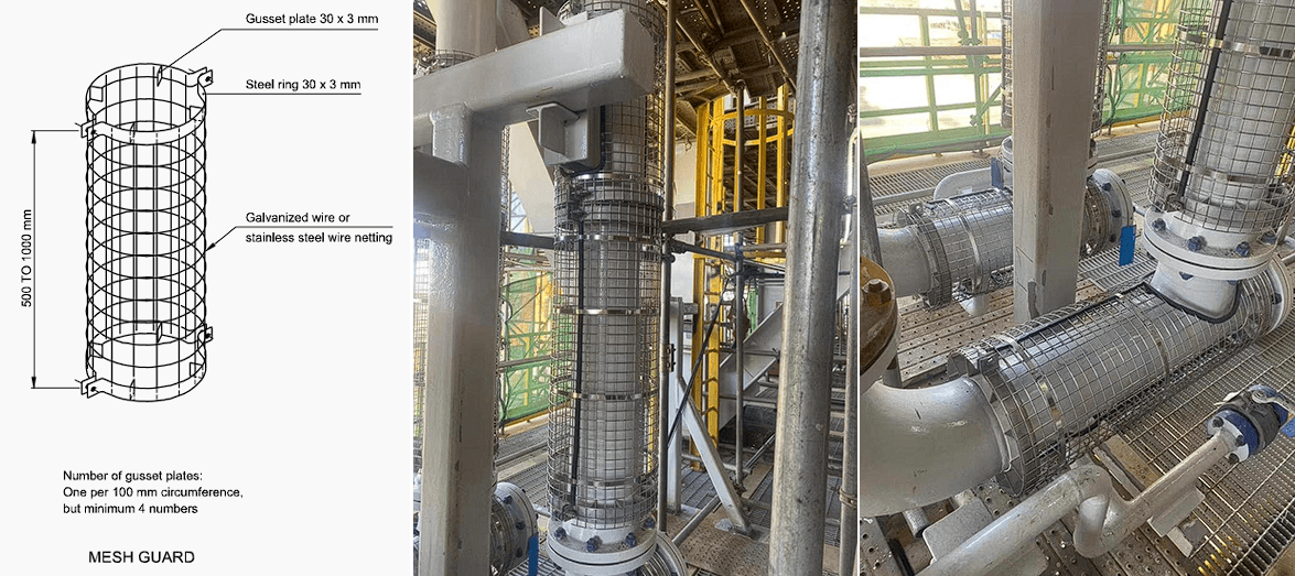 Open mesh guard installed on hot pipe — stainless steel mesh preventing personnel contact with 60-250°C surface